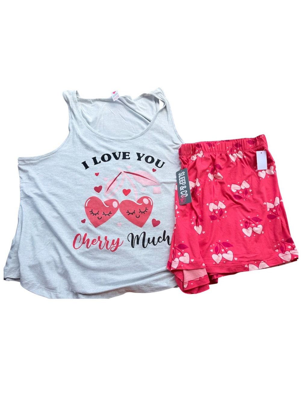 Women’s I Love You Cherry Much Tank & Short Pajama Set - White & Pink
